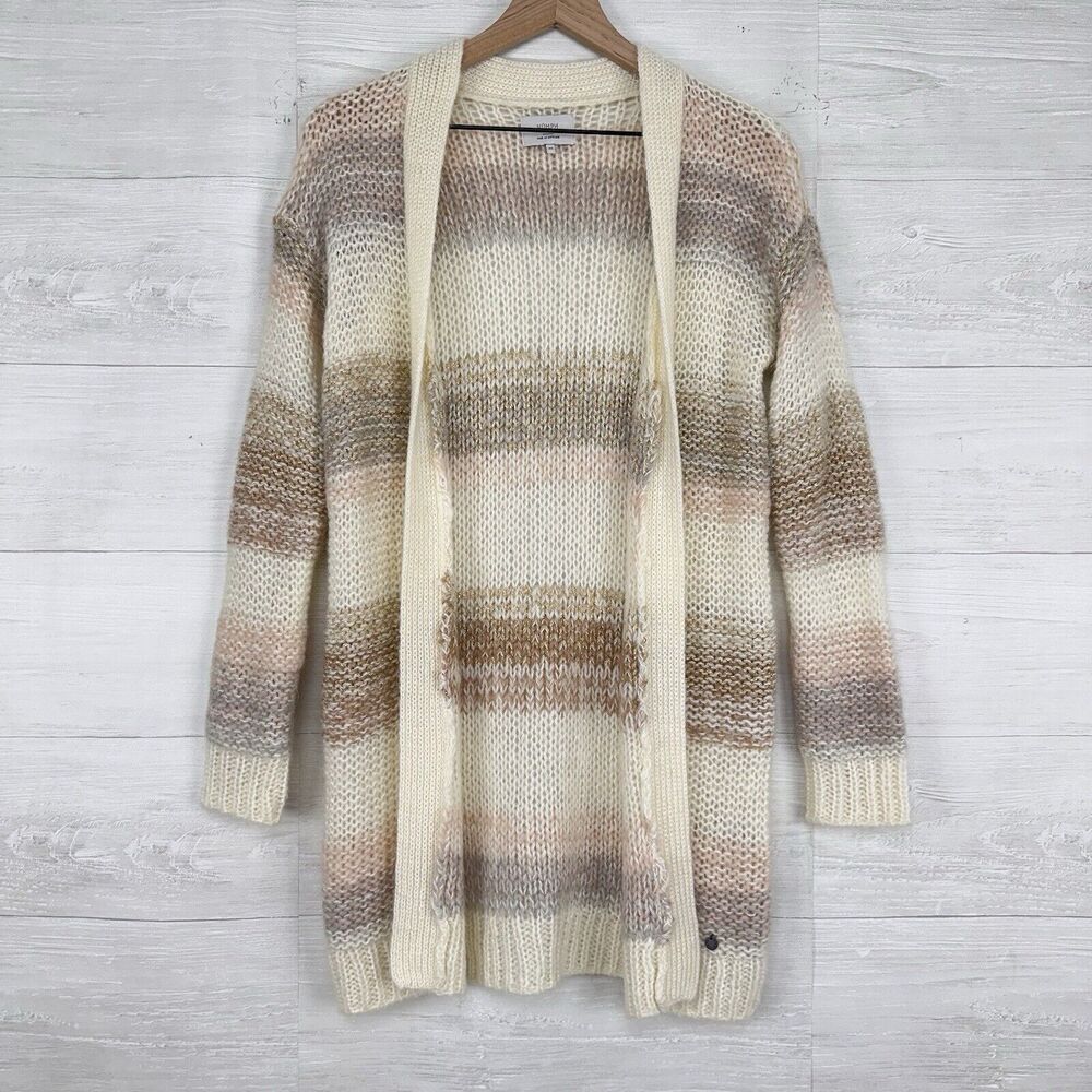 Anthropologie Numph Open Front Long Cardigan XS Stripeβ Cream Chunky Knit Mohair